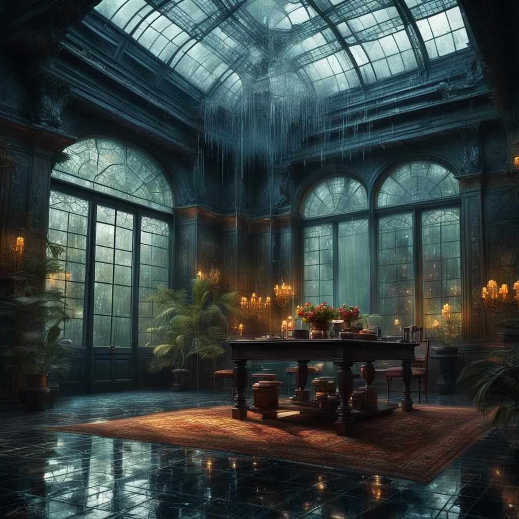 Rainy Day in Glass Room: Cinematic Digital Painting