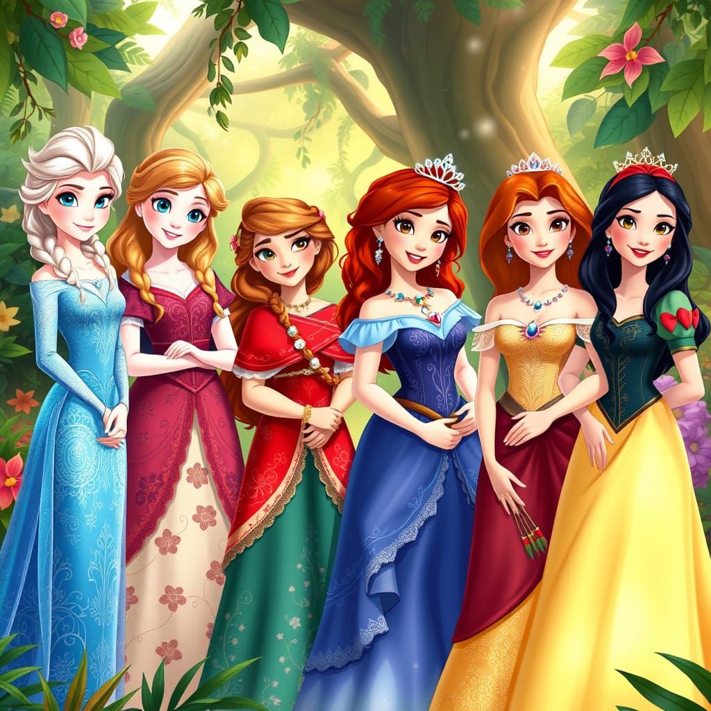 Regal Princesses Gather in Enchanted Garden Setting