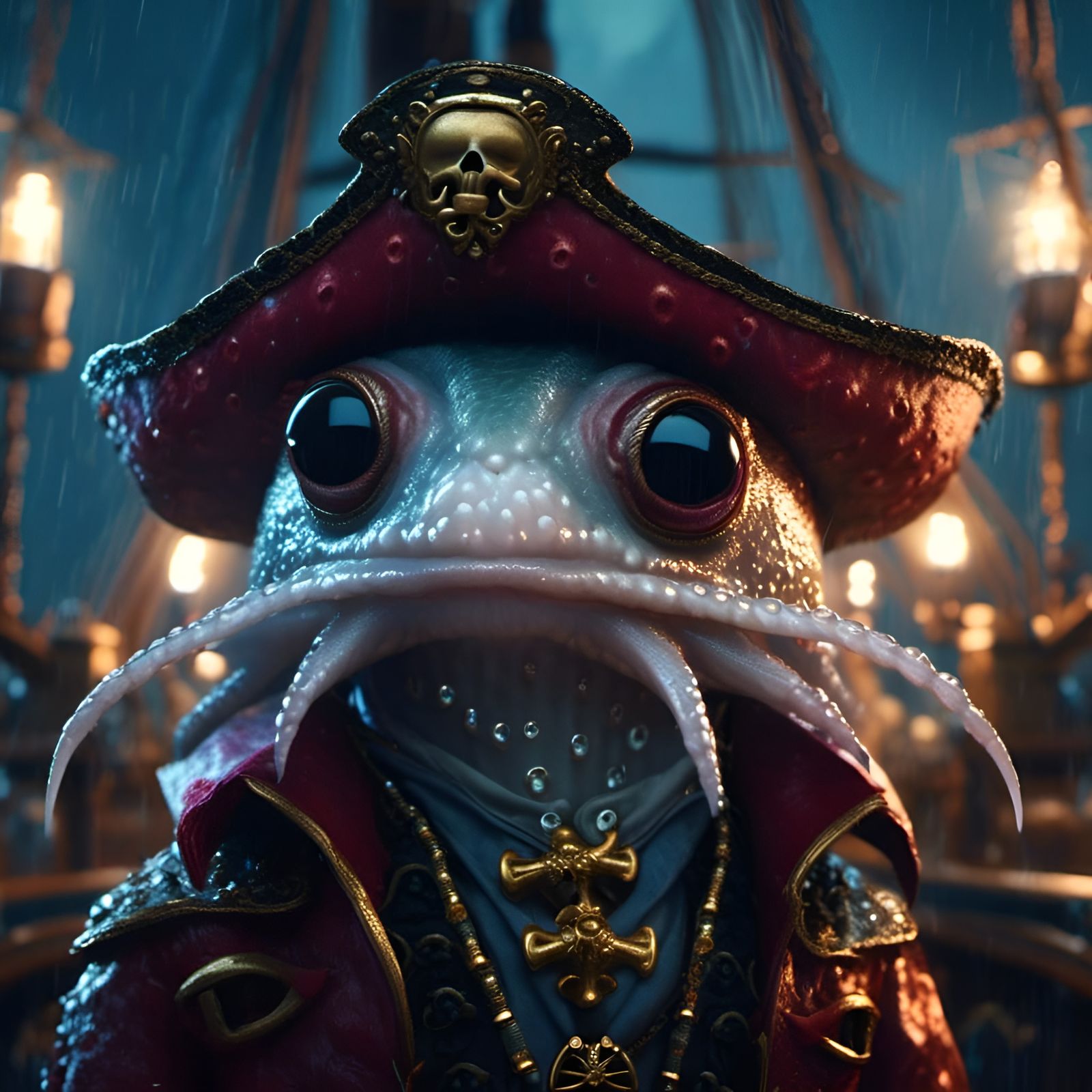 Pirate Squid Portrait on Rainy Ship