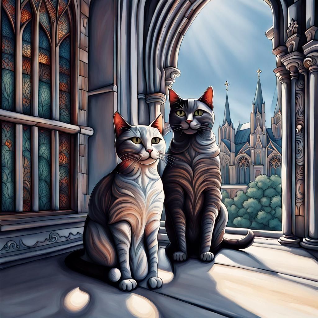 Cats in Gothic Church Window, Photorealistic 3D Art