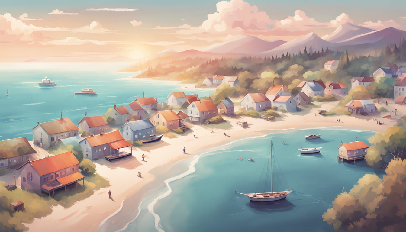 Idyllic Coastal Haven in Whimsical Digital Art