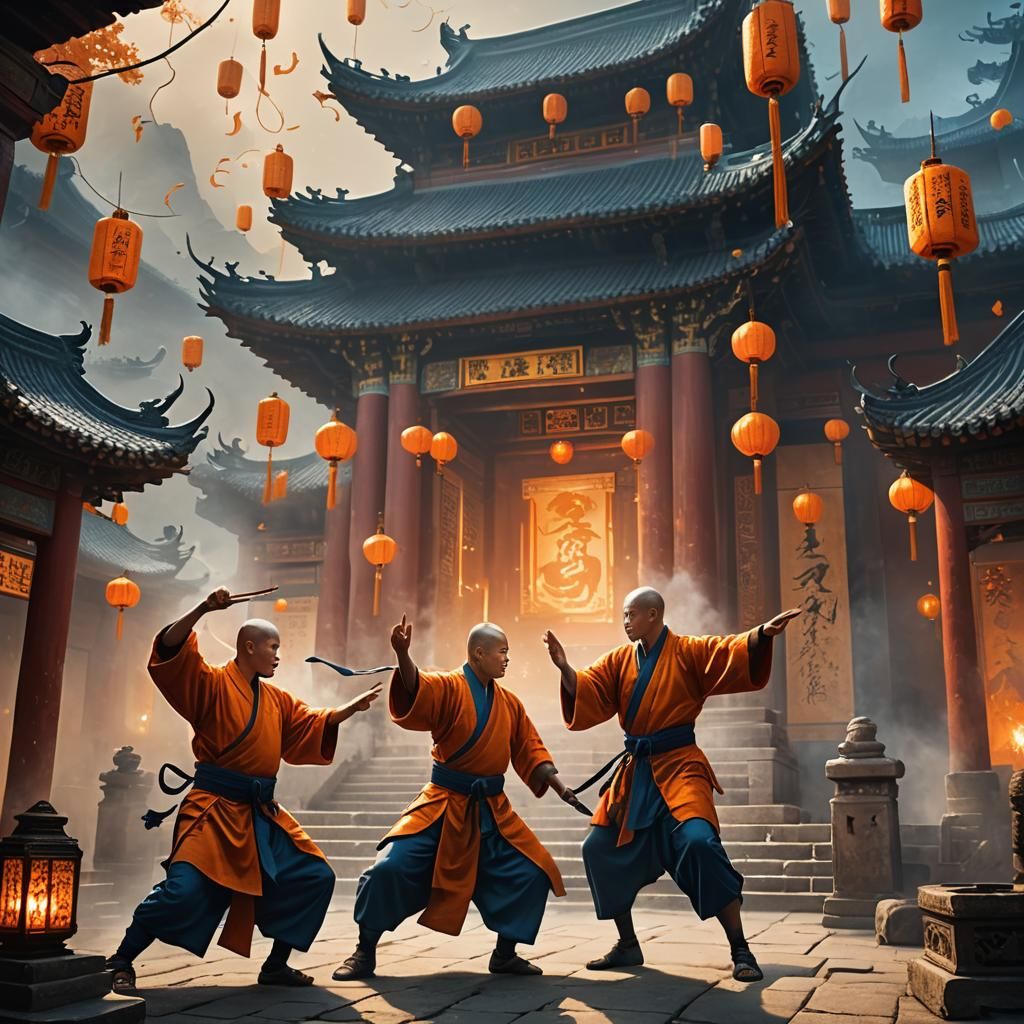 Shaolin Monks Train in Ancient Temple, Matte Painting