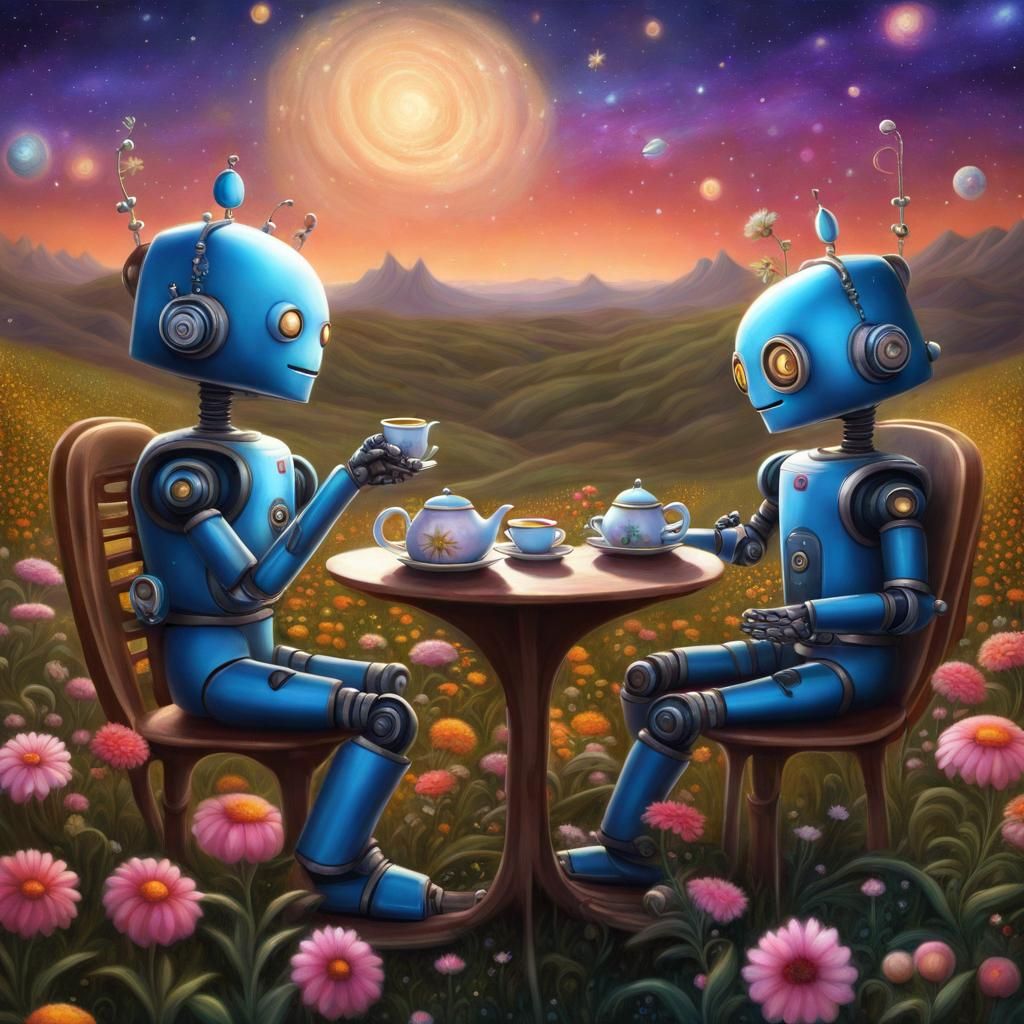Robots Tea Party on Flowered Hill in Cosmic Sky