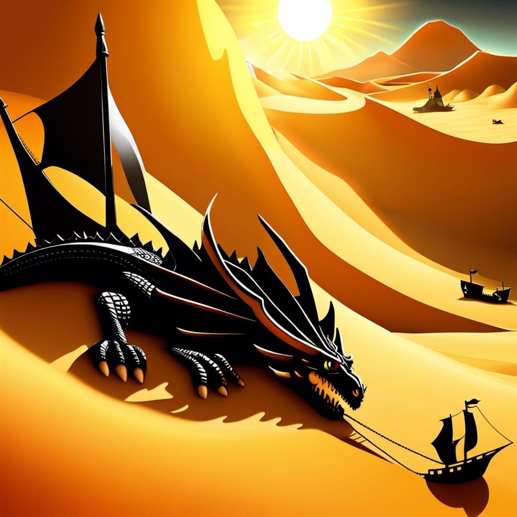 Black Dragon Sleeps in Desert with Pirate Ship