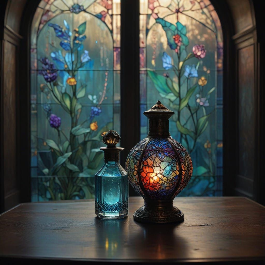 A stained glass window with rich, layered colors of blues, purples, and reds, casting a beautiful glow across a room. Th...