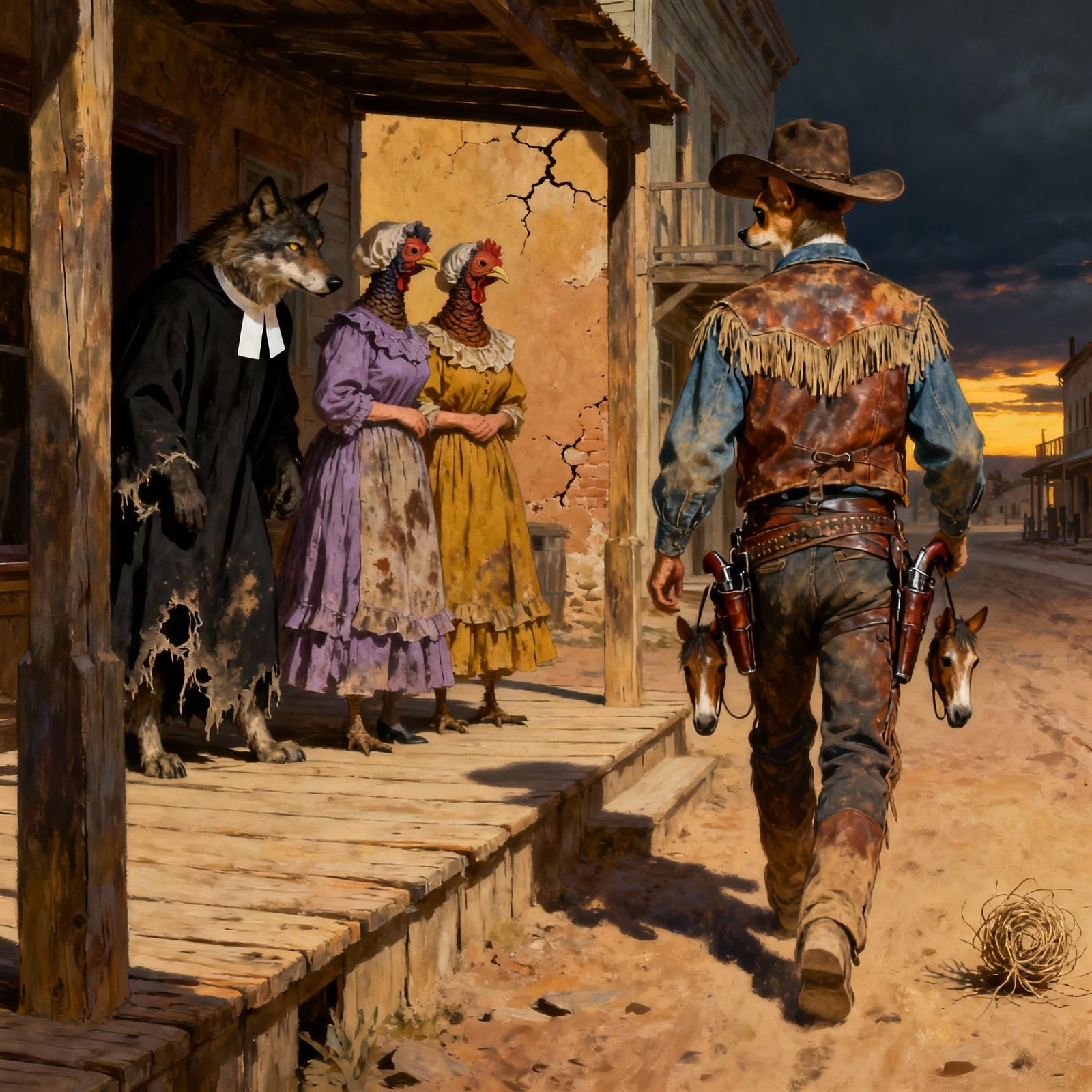 Chihuahua Cowboy Enters Tense Western Town at Twilight