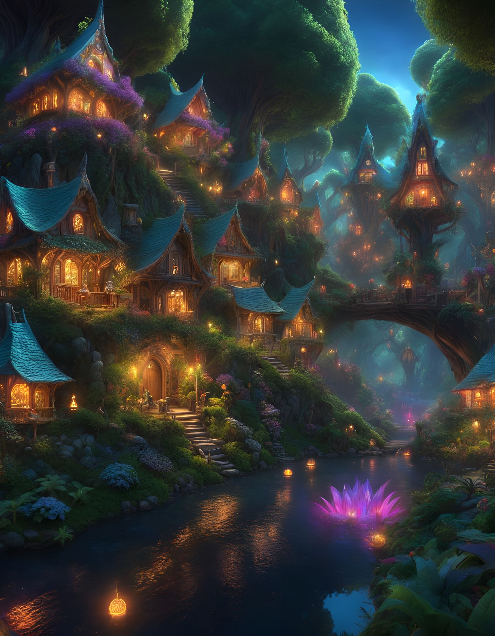 Enchanted Elven Village in Psychedelic Forest