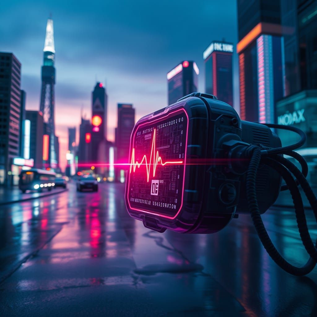 Futuristic Double Exposure: Cityscape and Heartbeat Monitor