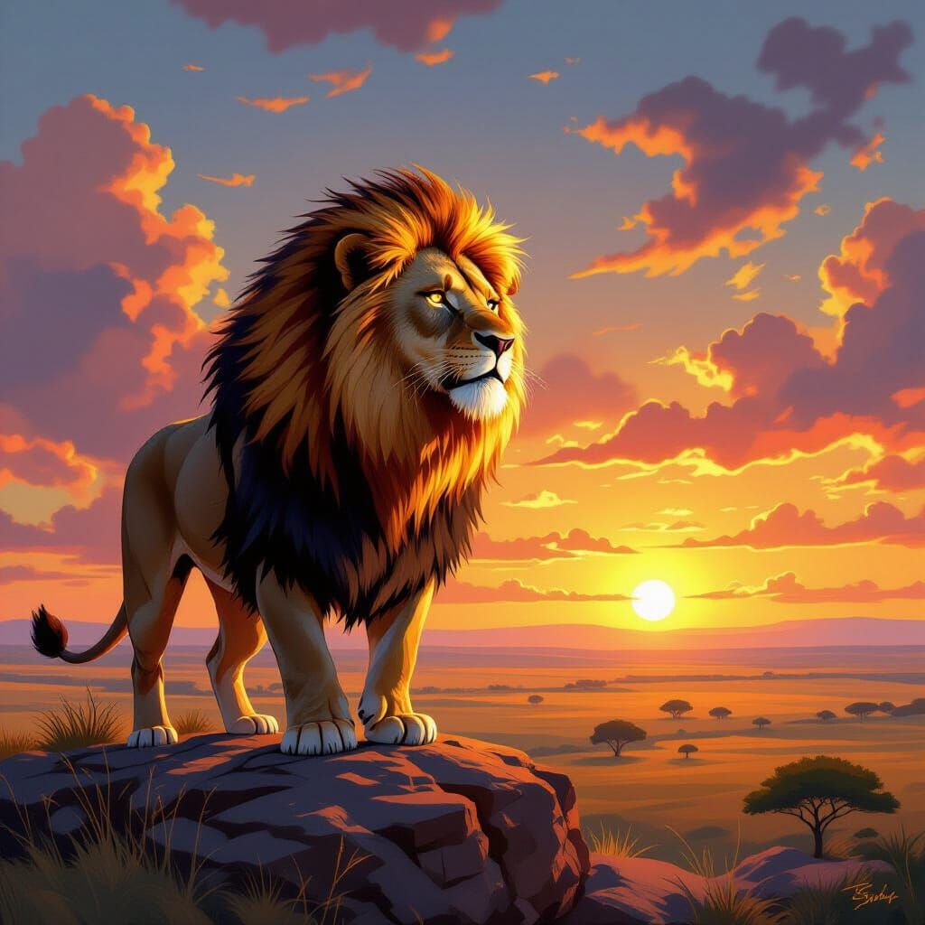 Lion with Fiery Mane in Art Nouveau Digital Painting