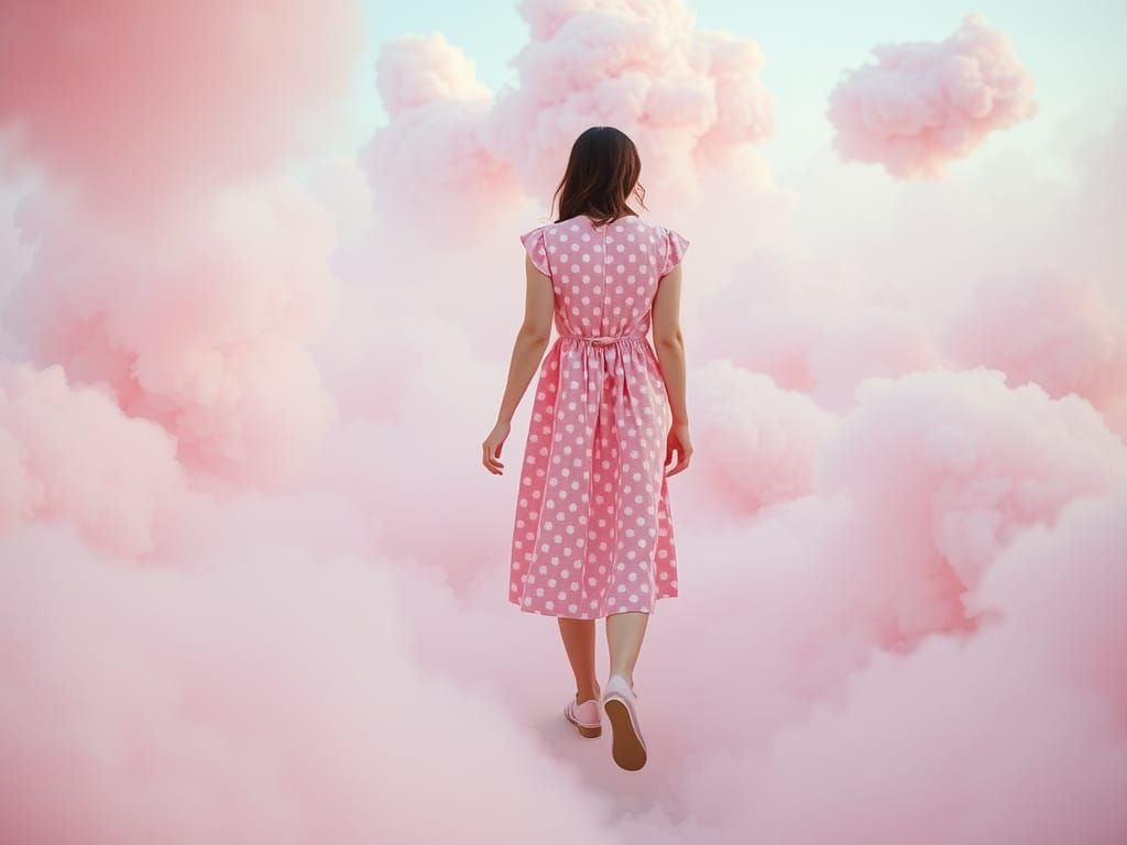 Dreamy Woman in Polka Dots Walking Through Clouds