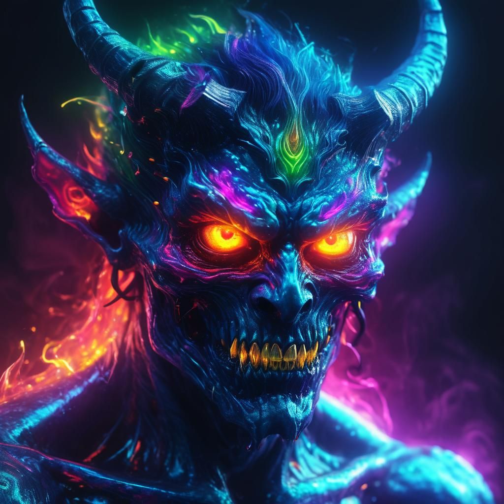 Rainbow Demon Portrait in Abstract Expressionism Style