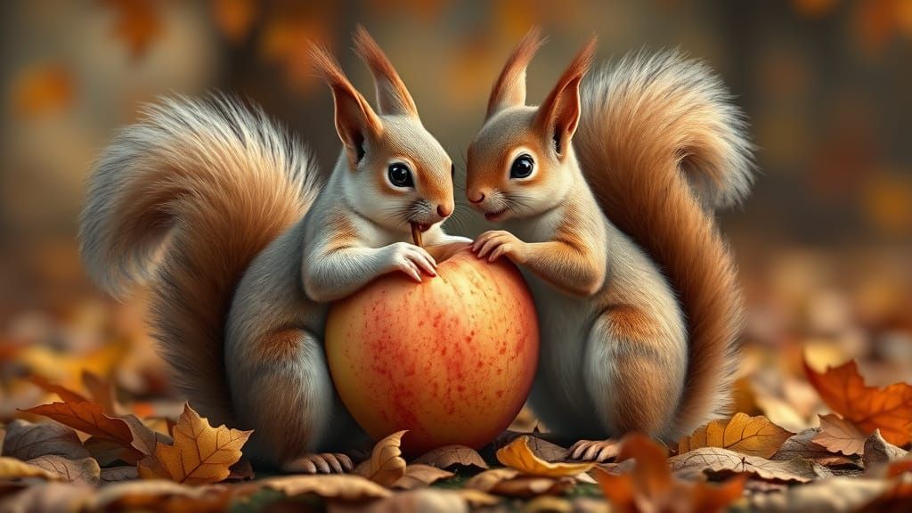 Whimsical Squirrels Share Apple on Autumn Date
