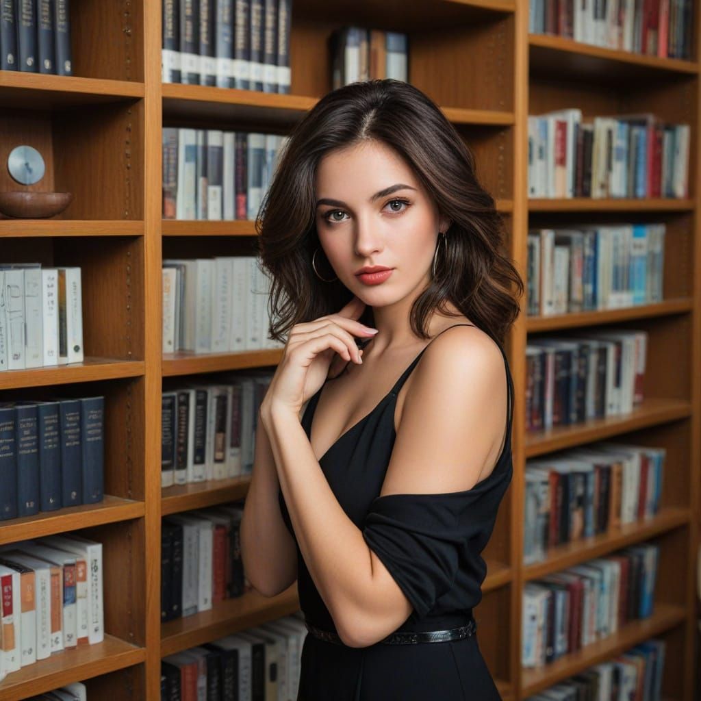 Elegant, Sultry Scene in a Bustling Library