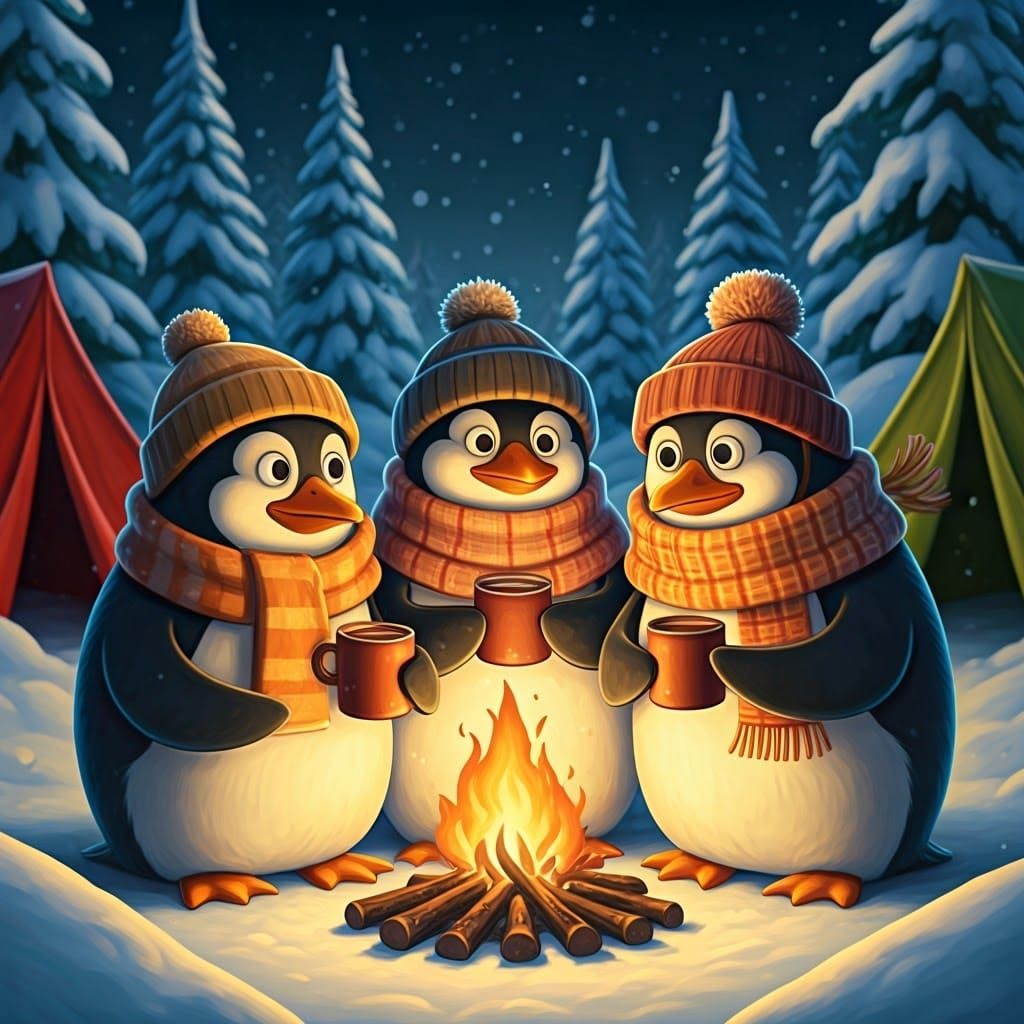 Penguins Warm Up by the Winter Campfire