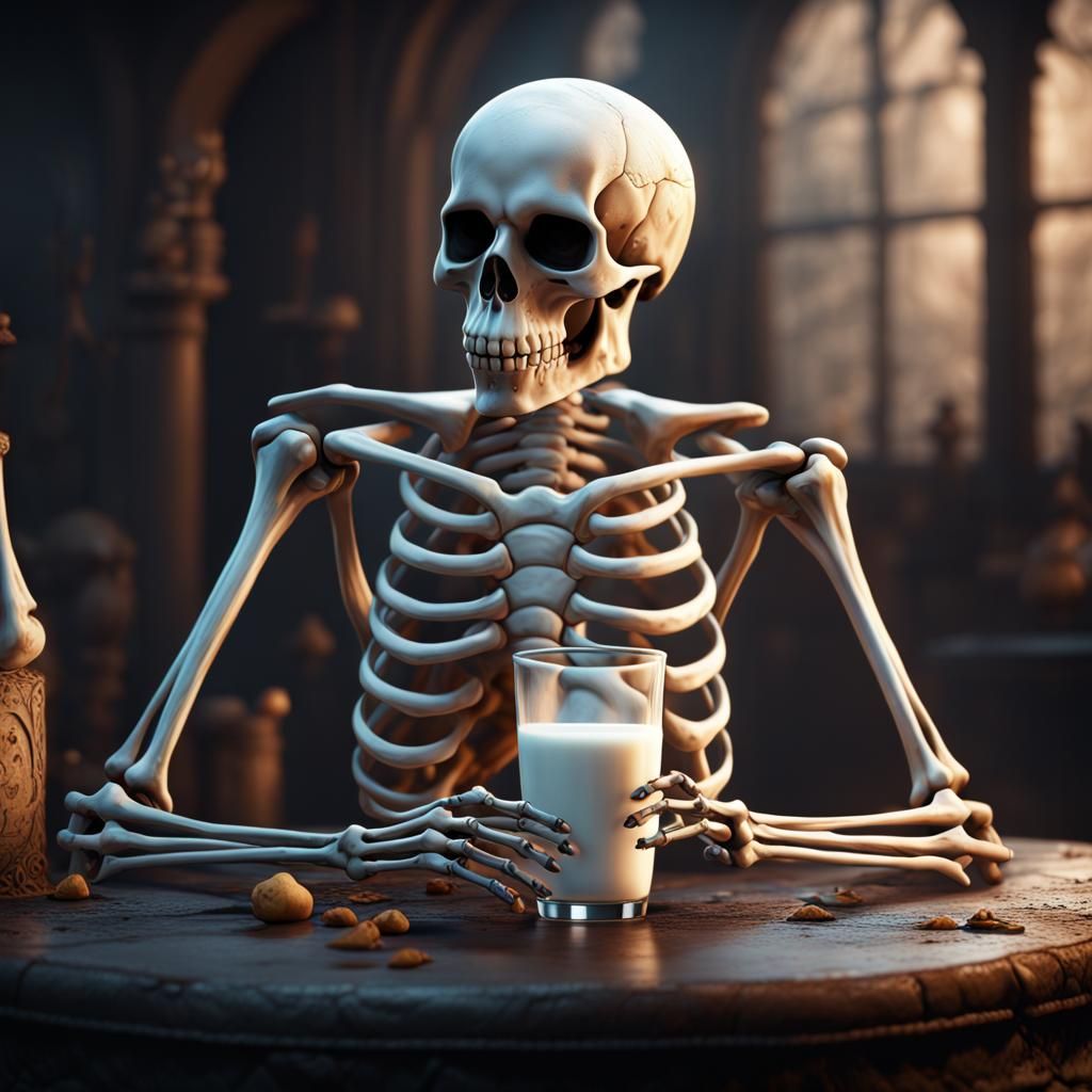 Skeleton Drinks Milk: Detailed Fantasy Art