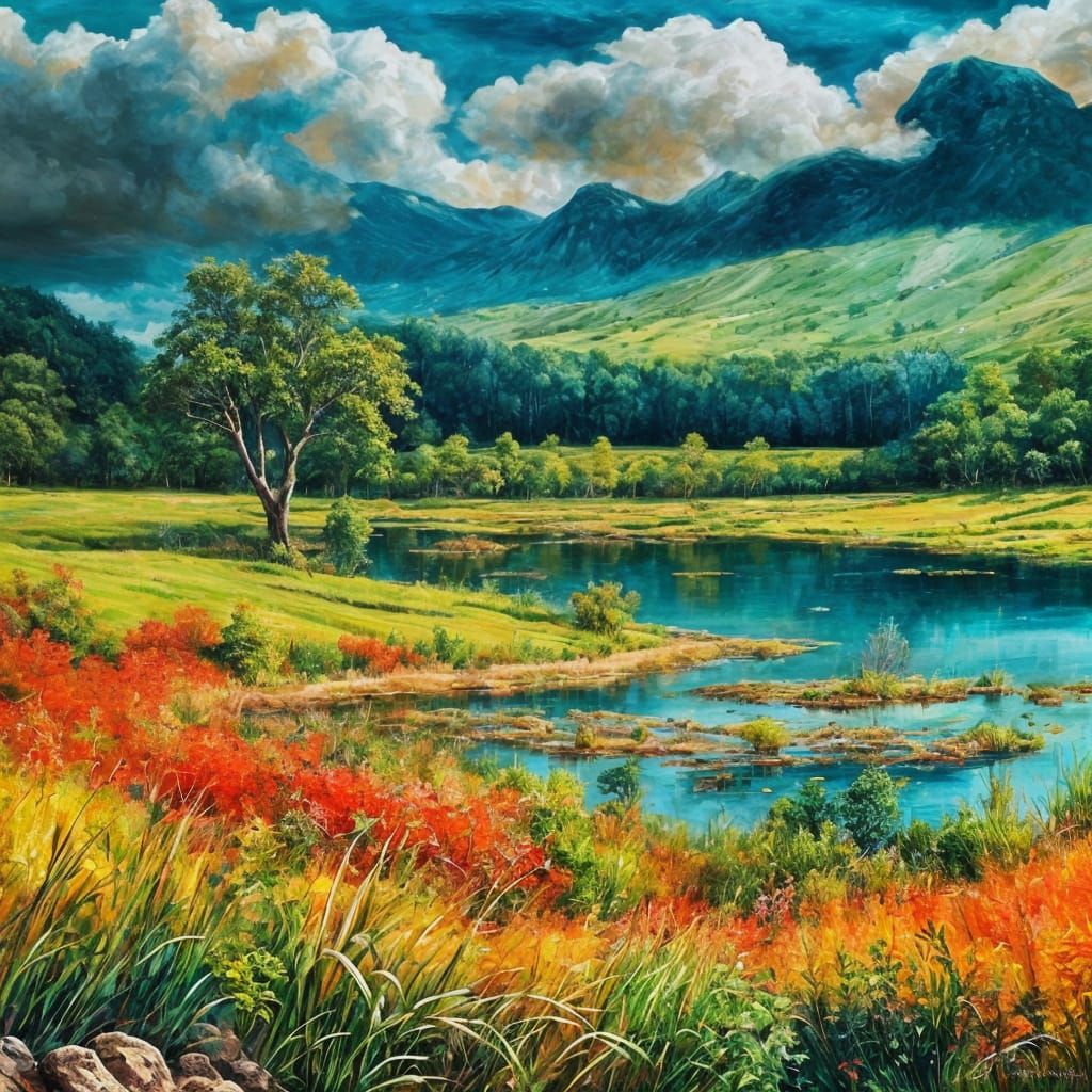 Vibrant Nature Landscape as Impasto Painting