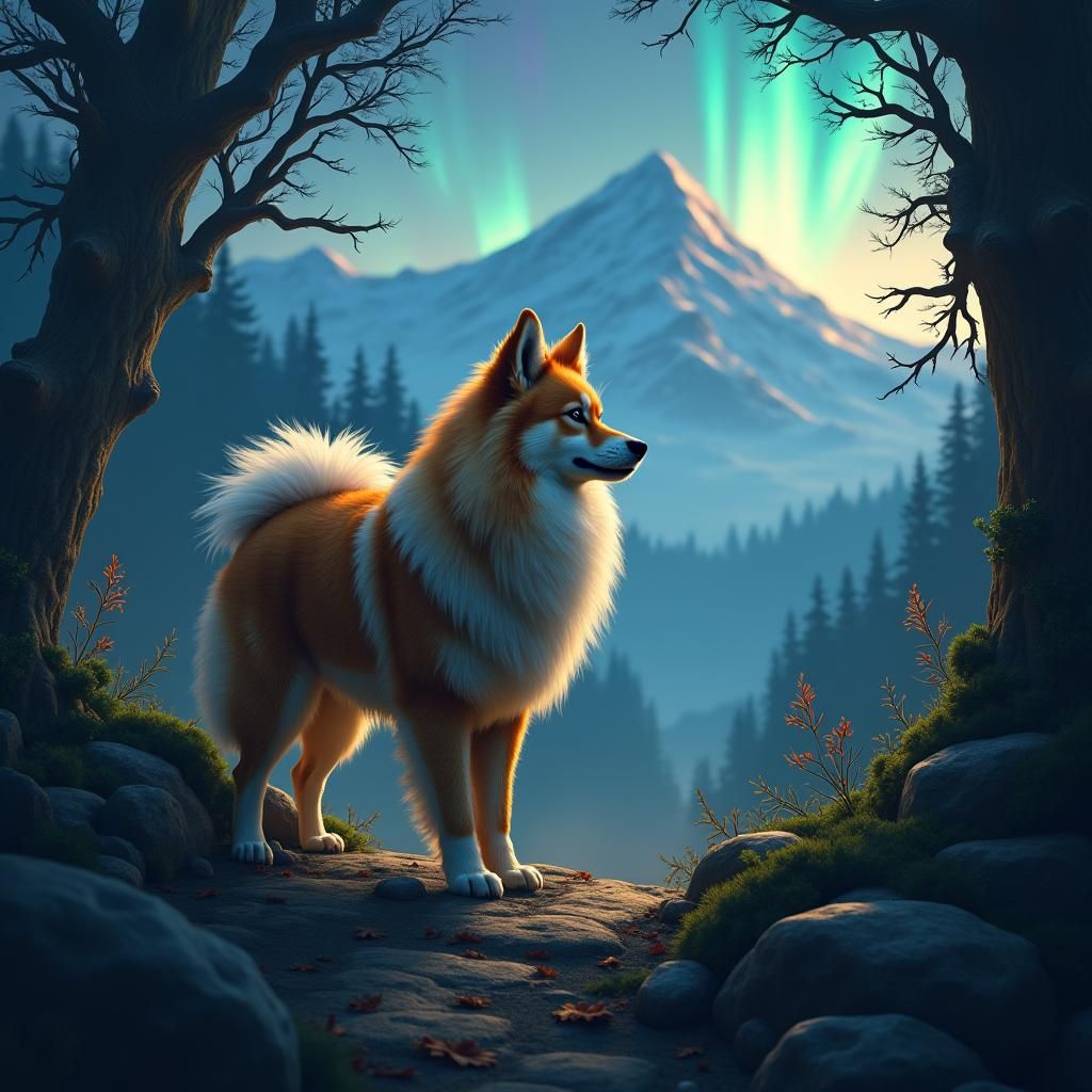 Majestic Spitz Dog in Enchanted Forest: Matte Painting
