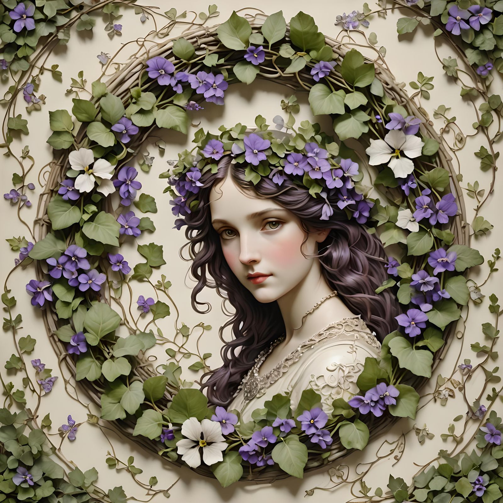 Woman with Floral Wreath in Cream, Green, and Violet