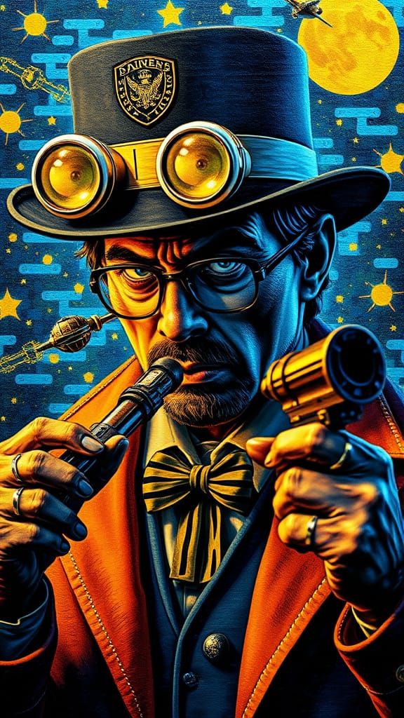 Universal Law Enforcement Tim Burton contrasting colors tetradic colors deep color yellow and blue action painting movie...