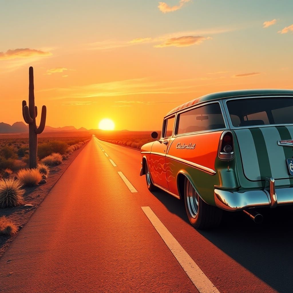 1955 Chevy Nomad on Route 66 at Sunset