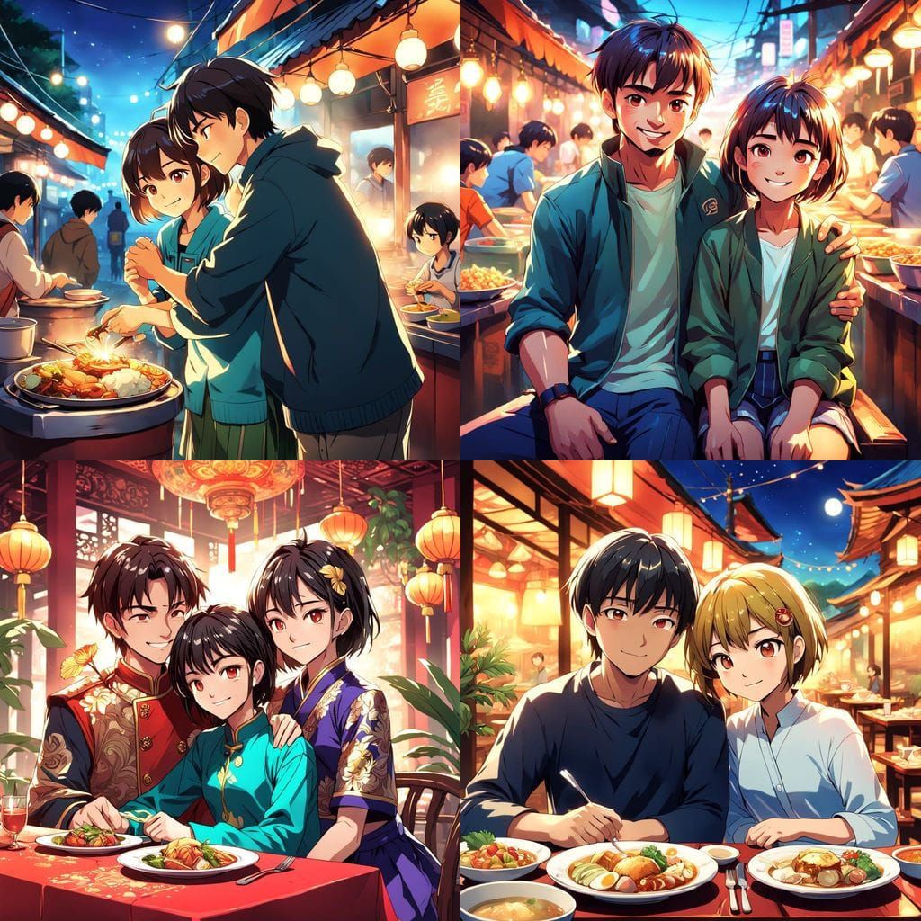 Happy Couple Savoring Thai Cuisine in a Vibrant Anime Style