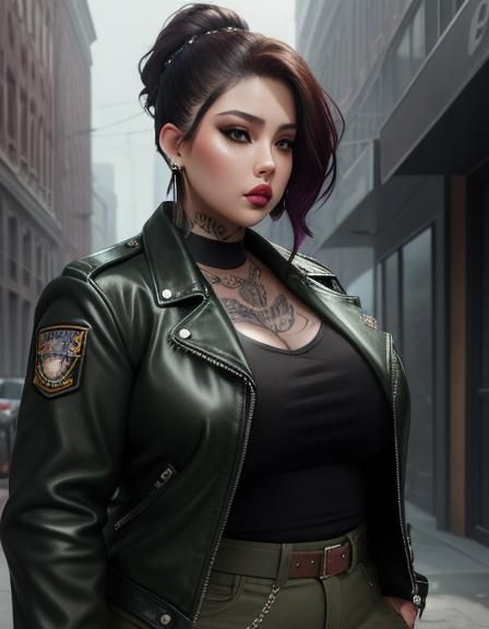 Curvaceous Woman with Tattoos in Anime Key Visual