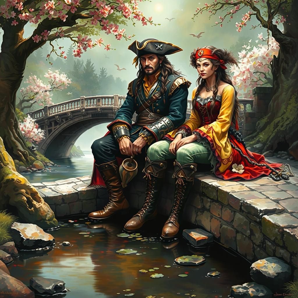 Pirate man and Pirate woman sitting, of orange yellow green ...
