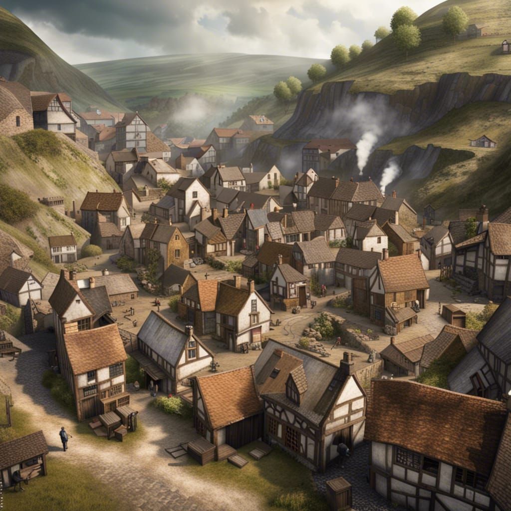 Medieval English Mining Town on Mountain Side