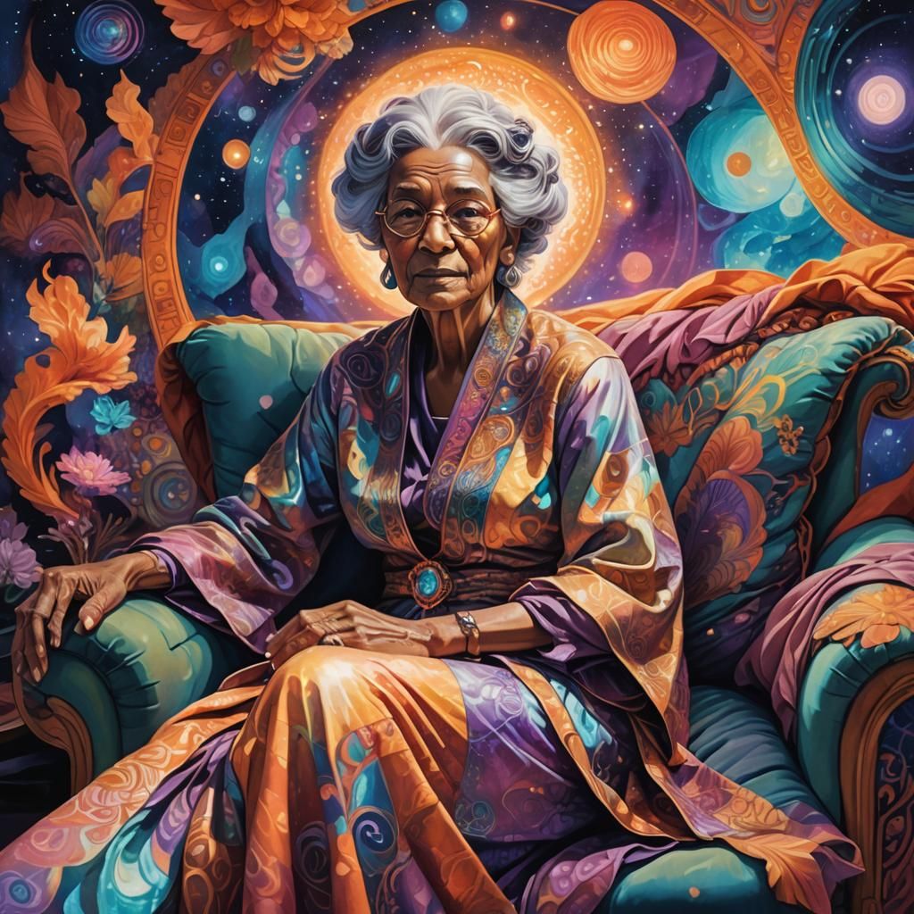 Cosmic Grandmother in Astral Dreamworld: Mixed Media Illustr...