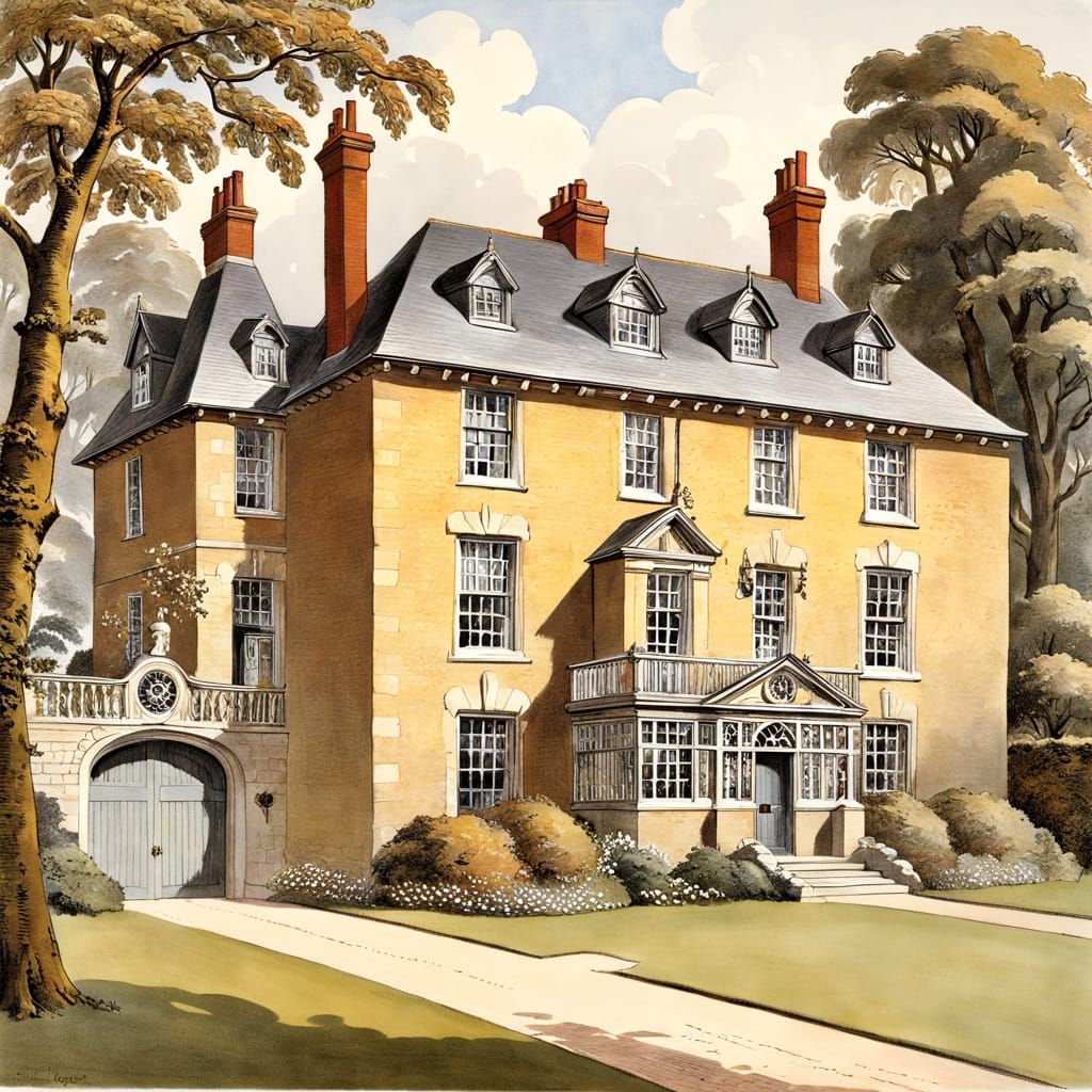 Victorian Era Repoussoir Painting of a Rural Vicarage