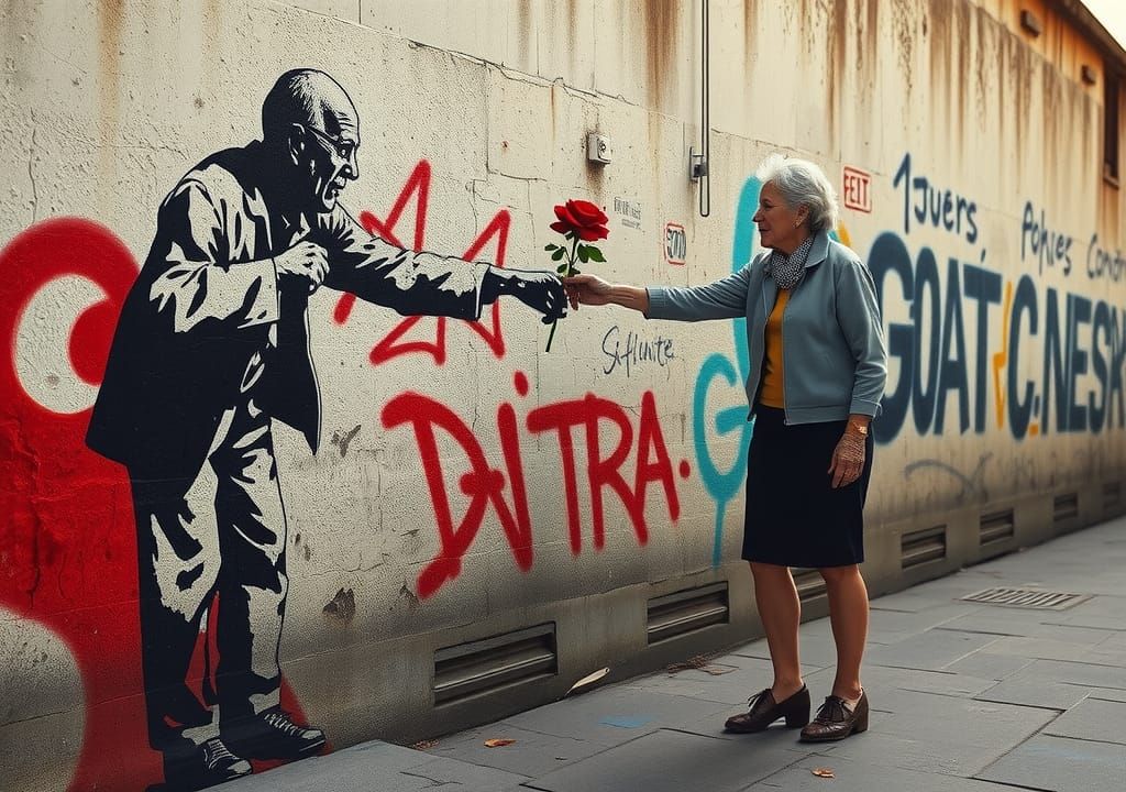 Banksy Graffiti Man Offers Rose to Woman