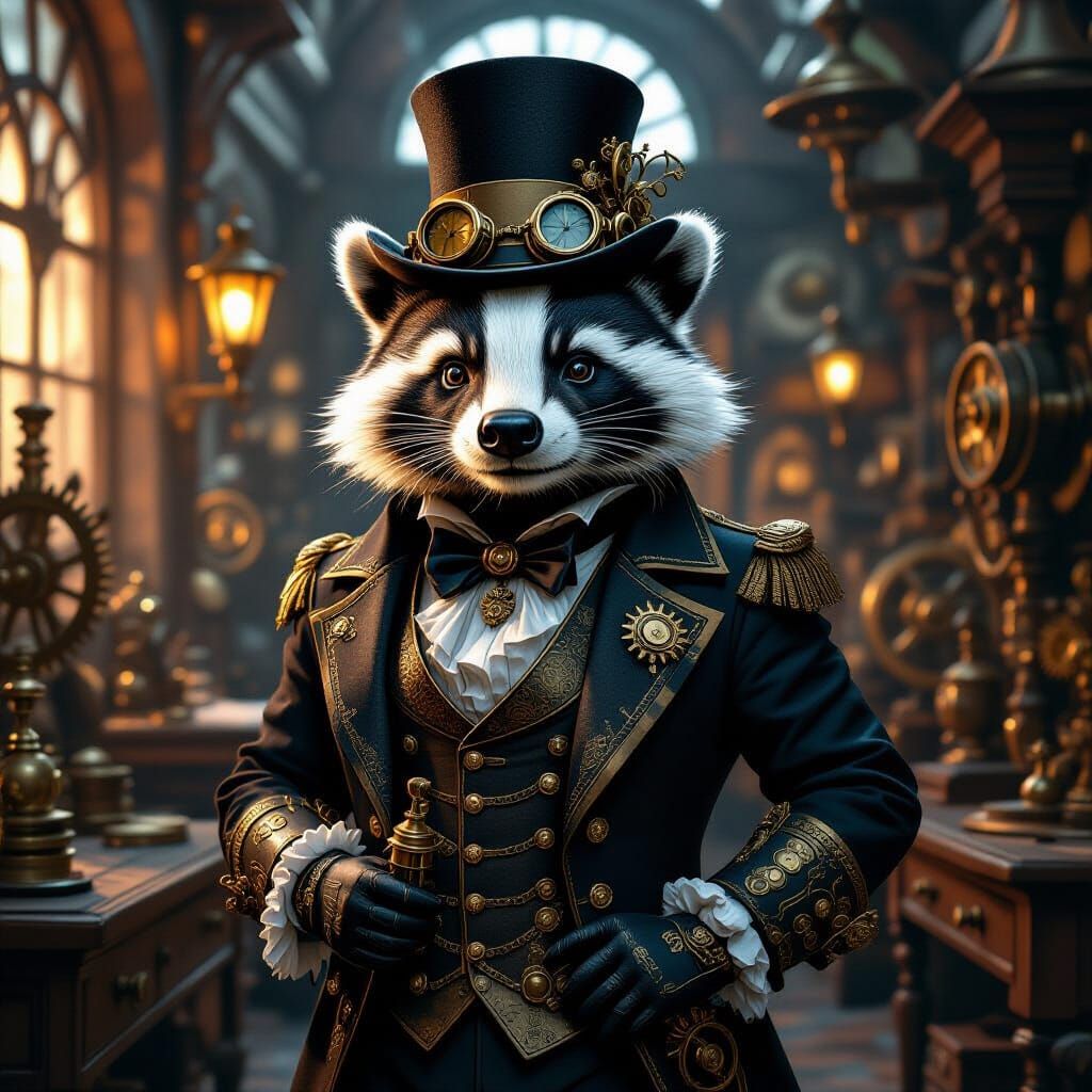 Steampunk Badger Gentleman in Victorian Workshop