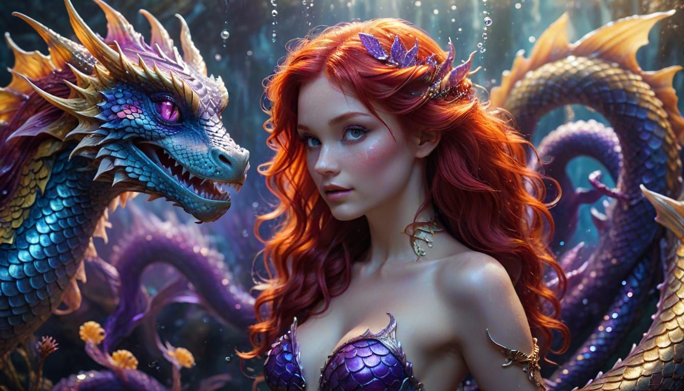 Red-Haired Mermaid and Serpentine Dragon Fantasy