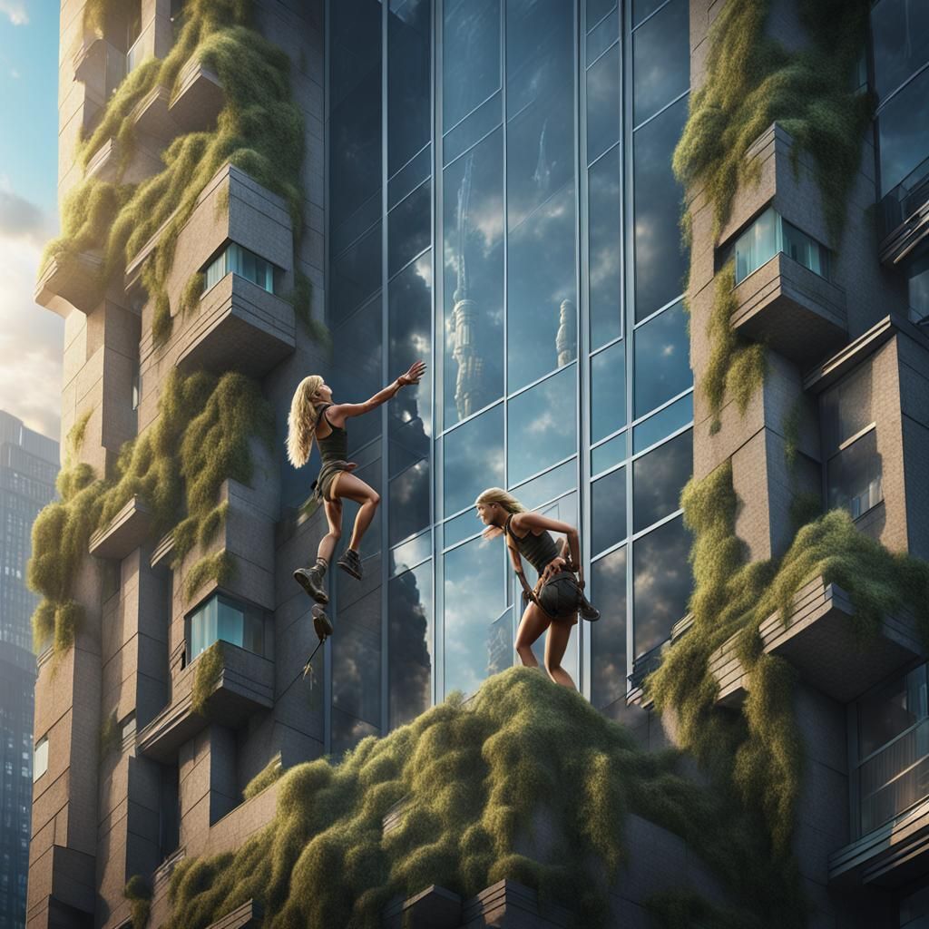 Tarzan and Blond Woman Climb Skyscraper, Digital Art