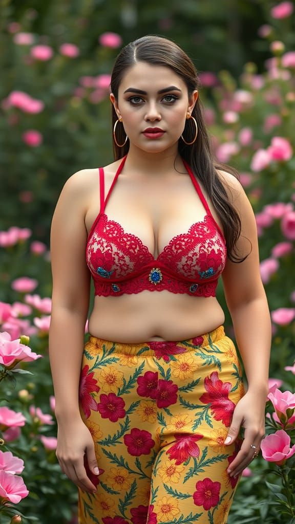 Ukrainian Woman in Floral Garden with Diamond Bra