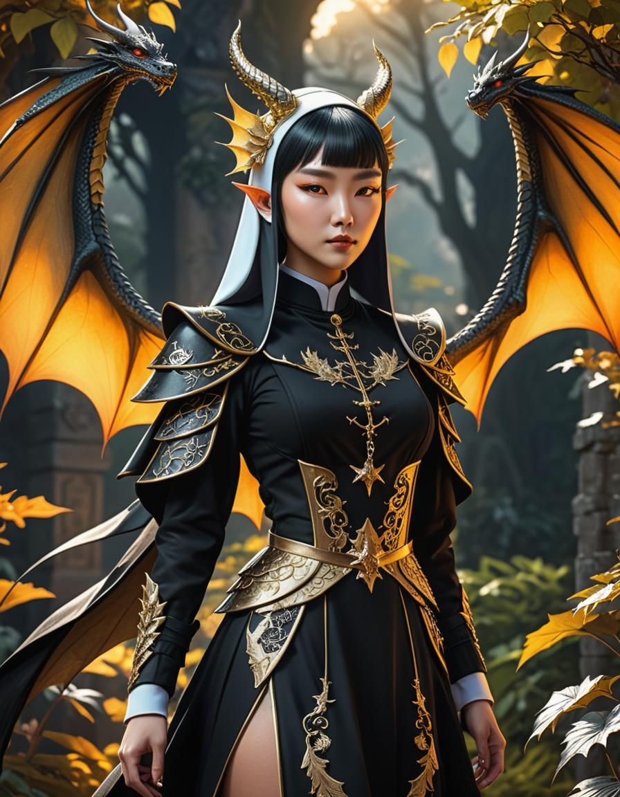 Surreal Dragon Girl Nun in Nature