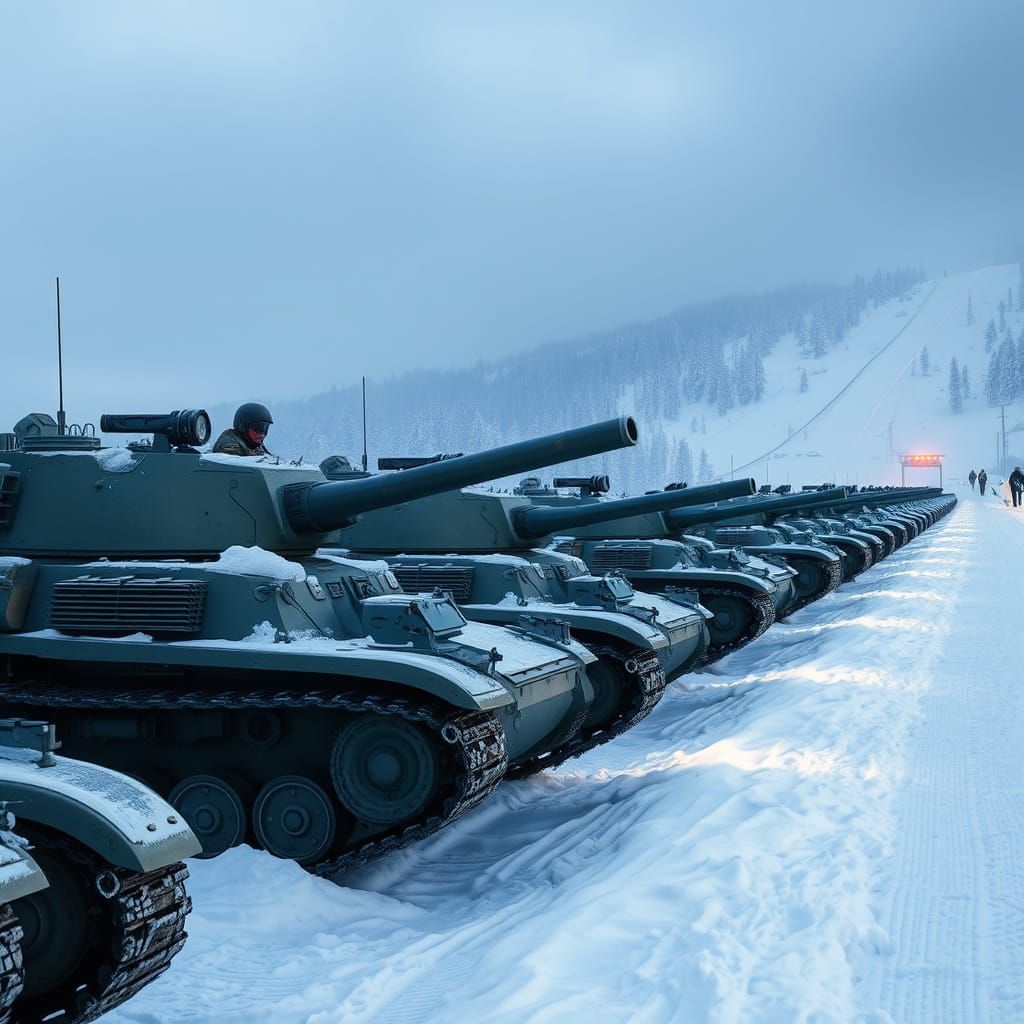 Camouflaged Tanks Parked on Snowy Ski Run