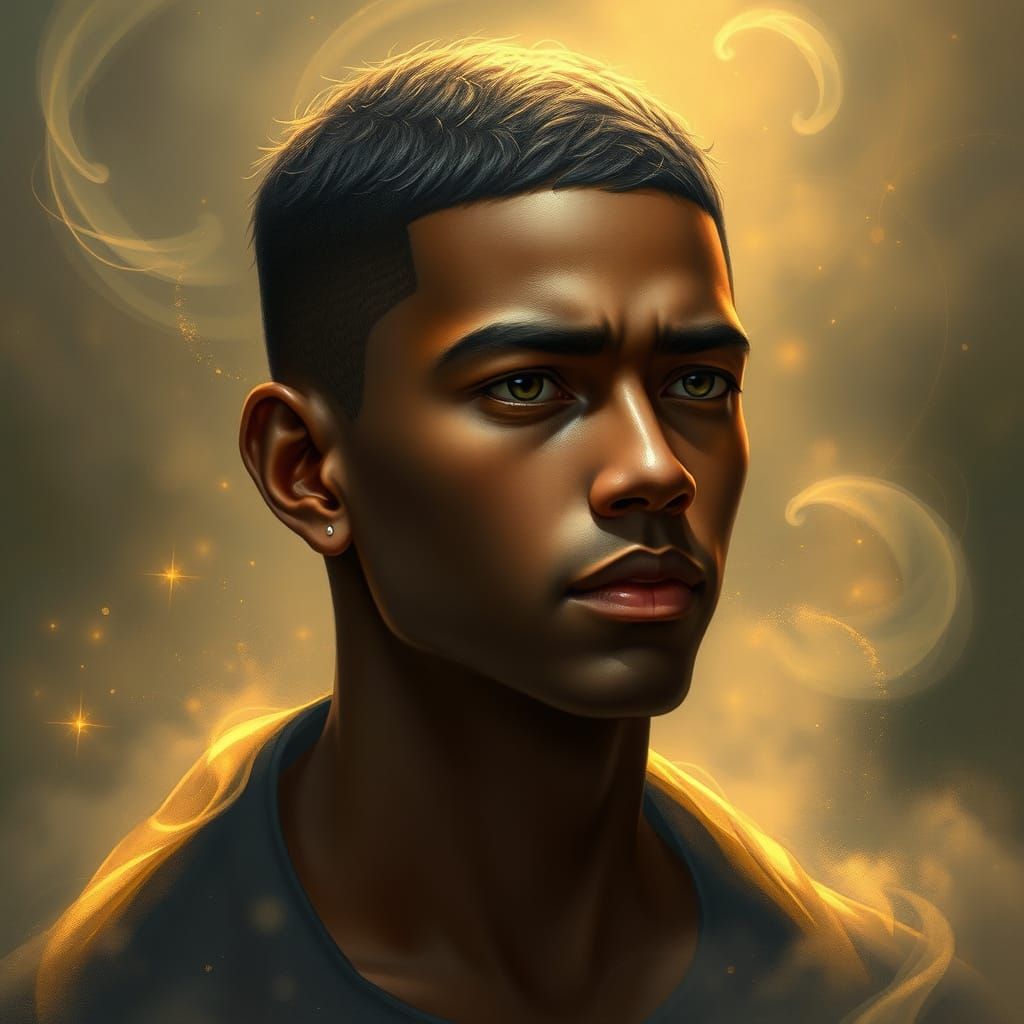 Mysterious Dark-Skinned Young Man in Ethereal Landscape