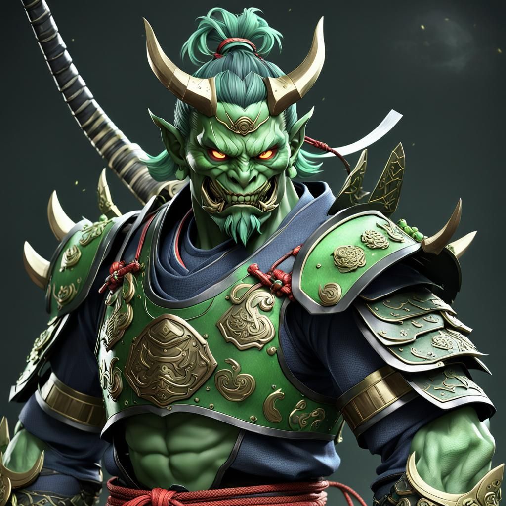 Three-Headed Green Oni in Samurai Armor: Anime Art