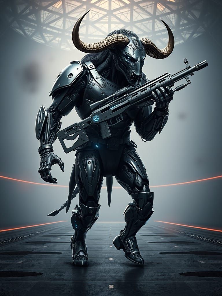 Cyborg Minotaur in Futuristic Geodesic Dome