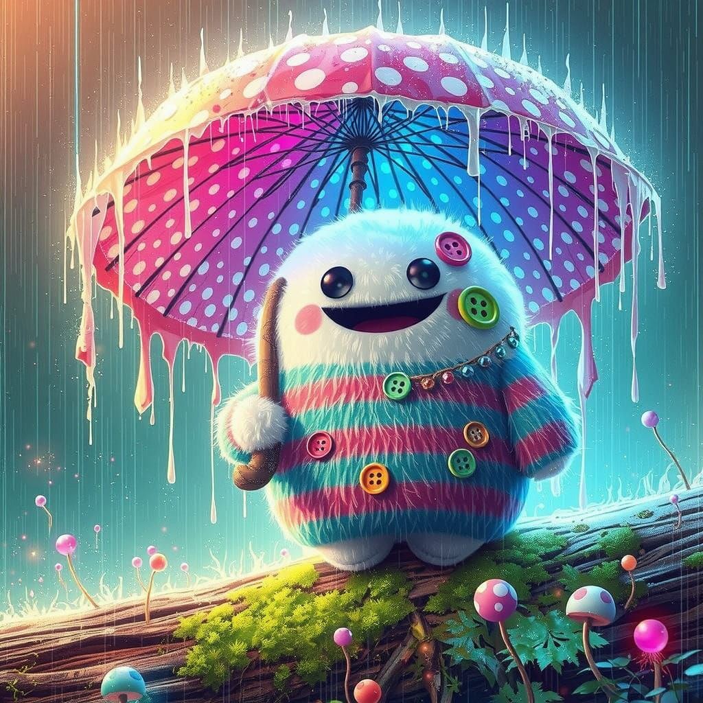 Mushroom Spirit in Acid Rain, Whimsical Candy Style