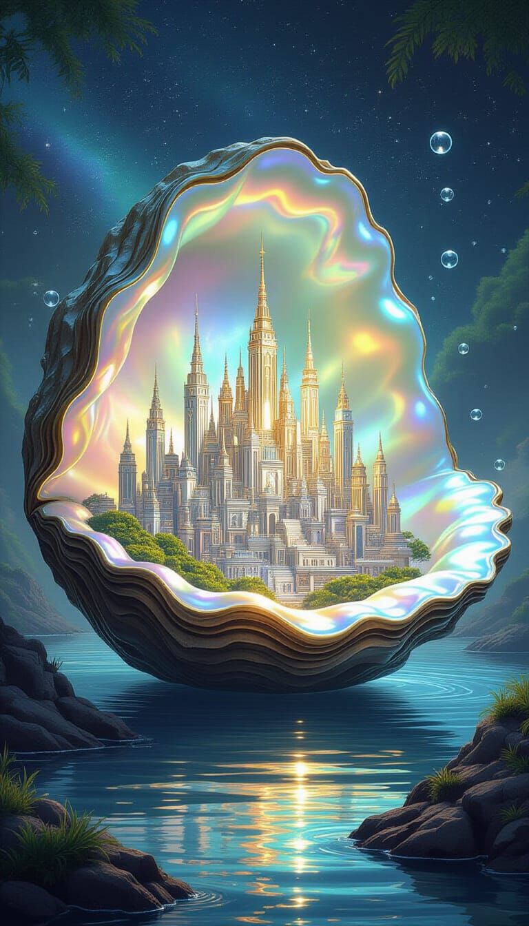 Colossal Pearl Cityscape in Ancient Oyster Shell