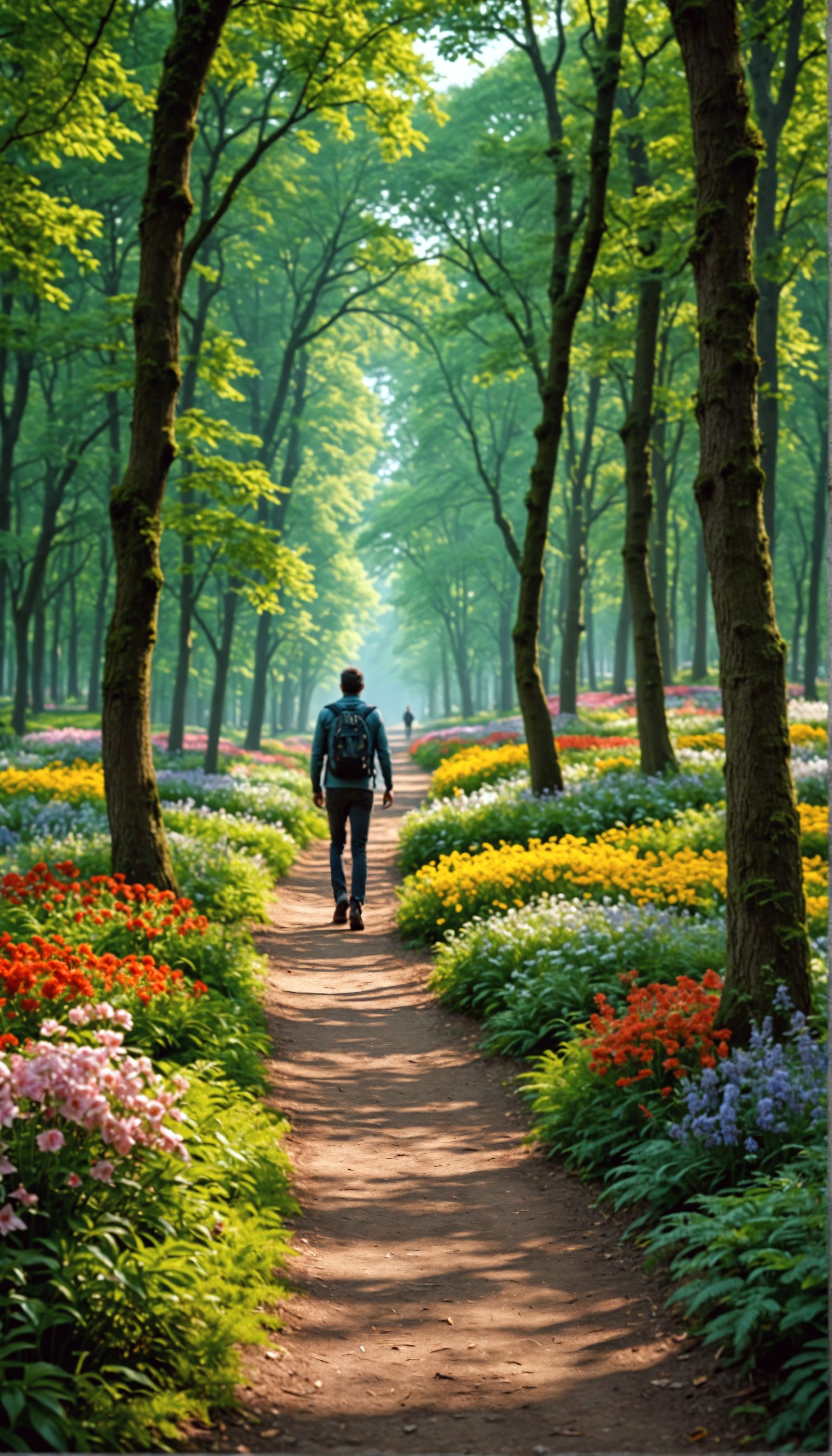 Hyperrealistic Man Walks Forest Path with Flowers