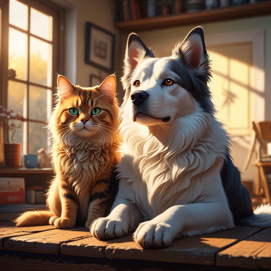 Dog and Cat Friendship in Whimsical Illustration Style