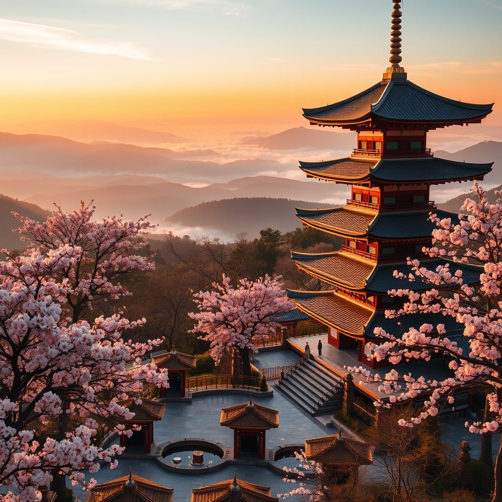 Serene Mountainside Pagodas at Golden Hour