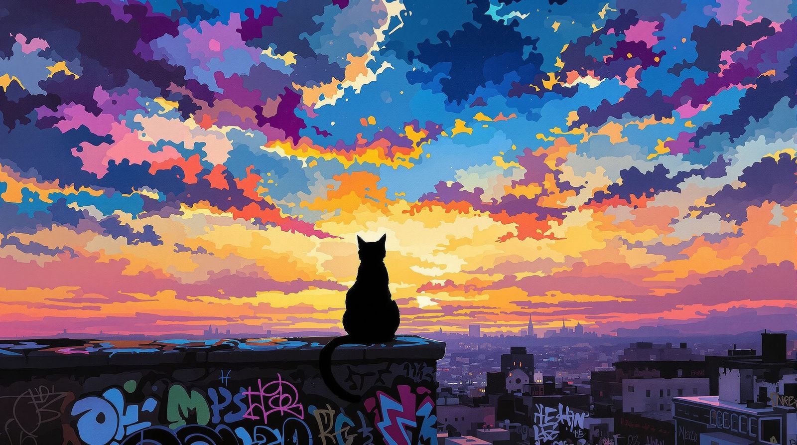 Cat on Graffiti Rooftop at Dusk