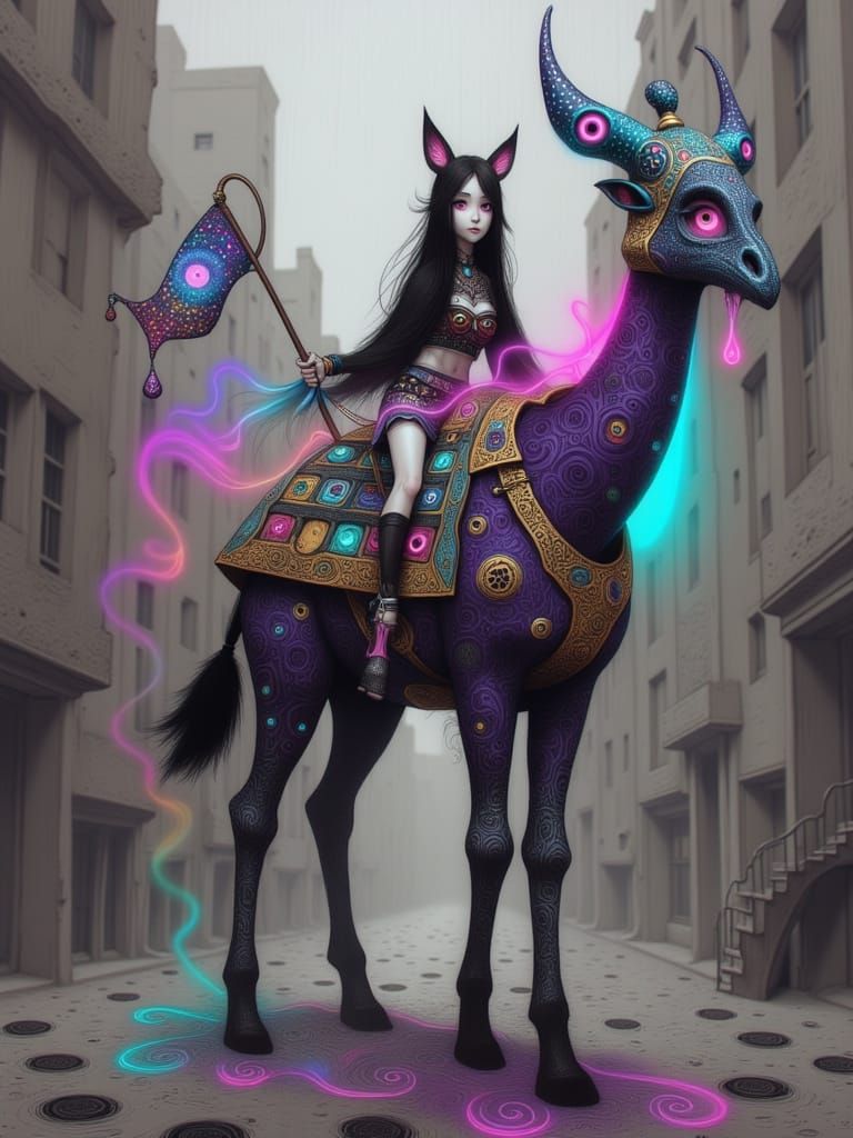 Fox Merchant Rides Giraffe in High Fantasy Style