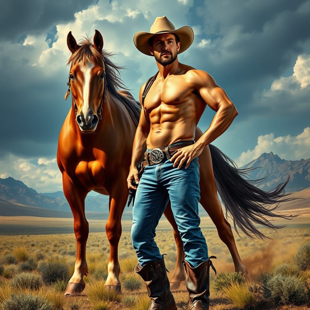 Chiseled Cowboy and Majestic Stallion in Dramatic Western La...
