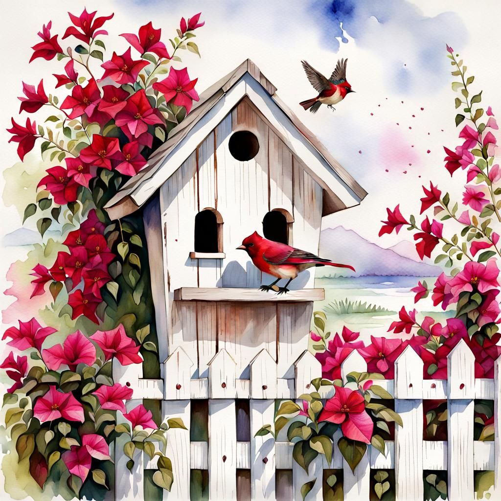 Birdhouse with Bougainvillea Watercolor