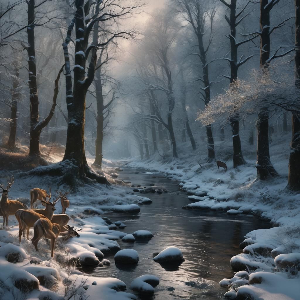 Winter Forest River Deer: Digital Matte Painting